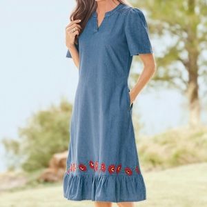 Nationals Embroidered denim Ruffle Midi Dress with flowers, ruching & pockets M